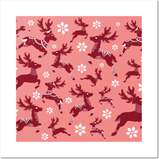 Red Christmas Reindeer Pattern Posters and Art